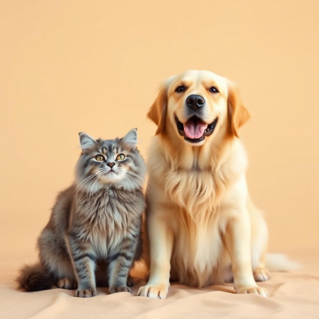 A golden retriever and a grey cat sitting together
